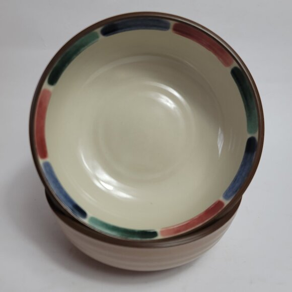 TWO Noritake Stoneware Warm Sands Cereal Bowls Terracotta with Blue Green Red, N - Picture 1 of 16